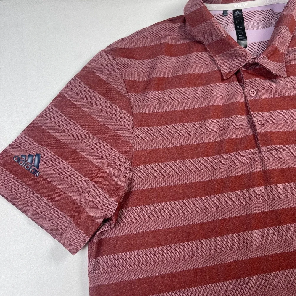 Adidas Polo Shirt Men's Large Red‎ Striped Logo Short Sleeve Performance Golf